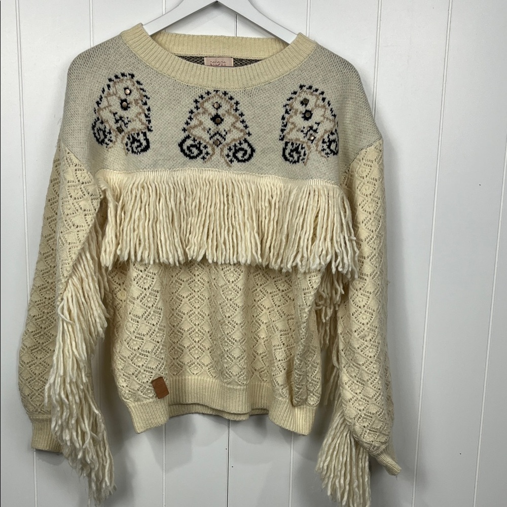Nekane NKN Womens Crew Neck S Cream Button Detailing Open Knit Fringe Details
